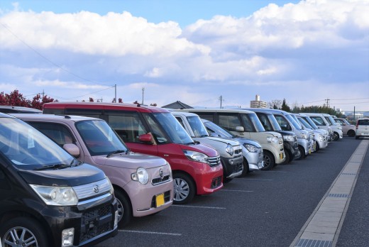 多くの軽自動車が集まる出品ヤード