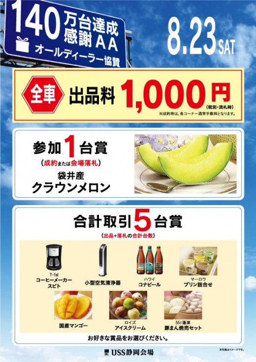 成約または会場落札１台賞で静岡県袋井産の高級クラウンメロンをプレゼント。