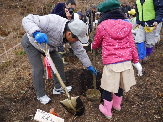 大峰社長自身もスコップを持ち、１本１本の苗木を植えた