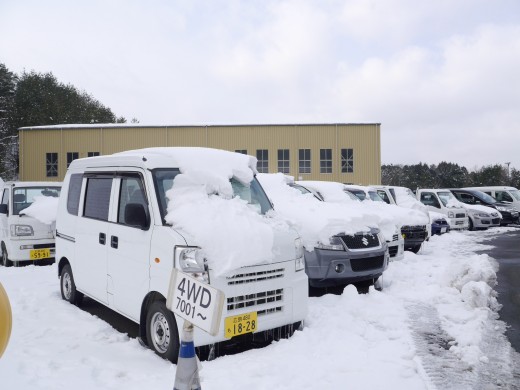 大雪のより出品ヤードには積雪