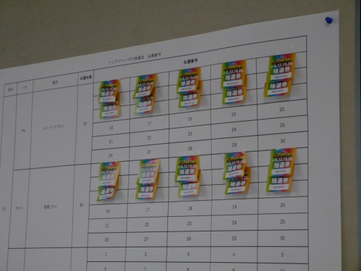 当選した抽選券を一枚一枚当選番号表に貼り付けた