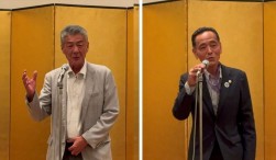 前夜祭であいさつに立つ田中副会長（左）と佐藤副会長