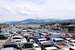 出品ヤードの奥には阿蘇の外輪山が見える