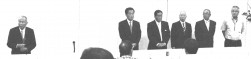 式典で挨拶するＵＳＳ服部会長・安藤社長・田村副会長・原副会長、ＵＳＳ岡山金田専務・石原常務