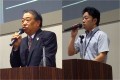挨拶に立つ岩瀬理事長（左）と熊崎社長